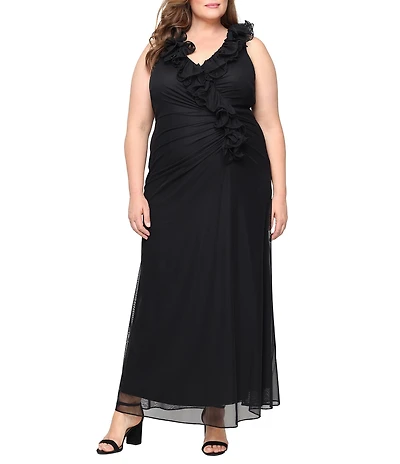 Alex Evenings Plus Size Ruffled V-Neck Ruched Sleeveless Mesh Mermaid Gown