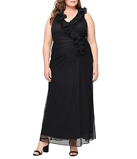 Alex Evenings Plus Size Ruffled V-Neck Ruched Sleeveless Mesh Mermaid Gown