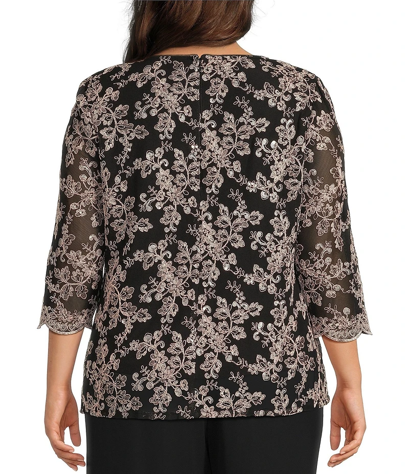 Alex Evenings Plus Size Scoop Neck 3/4 Sleeve Embroidered Stretch Tulle Mock Twinset
