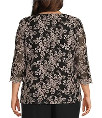 Alex Evenings Plus Size Scoop Neck 3/4 Sleeve Embroidered Stretch Tulle Mock Twinset