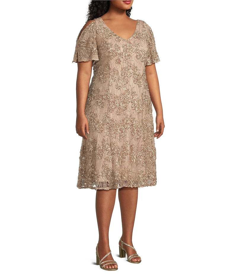 Alex Evenings Plus Size Short Sleeve V-Neck Soutache Dress