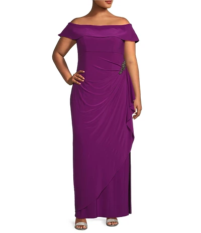 Alex Evenings Plus Size Sleeveless Off-The-Shoulder Fold Over Cuff Side Slit Gown