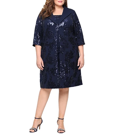 Alex Evenings Plus Size Stretch Scuba Crepe Sequin Collar 3/4 Sleeve Jacket Dress