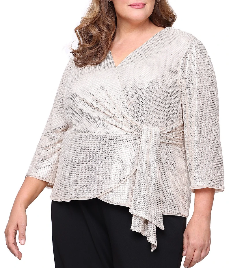 Alex Evenings Plus Size Stretch Sequin V-Neck 3/4 Sleeve Blouse Top