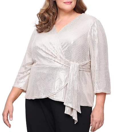 Alex Evenings Plus Size Stretch Sequin V-Neck 3/4 Sleeve Blouse Top
