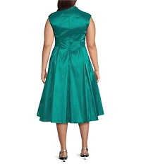 Alex Evenings Plus Size Stretch Taffeta V-Neck Cap Sleeve Tie Sash A-Line Midi Dress