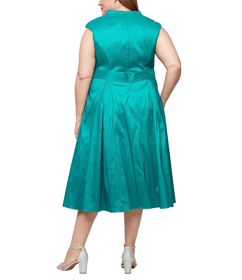 Alex Evenings Plus Size Stretch Taffeta V-Neck Cap Sleeve Tie Sash A-Line Midi Dress