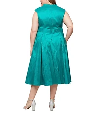 Alex Evenings Plus Size Stretch Taffeta V-Neck Cap Sleeve Tie Sash A-Line Midi Dress