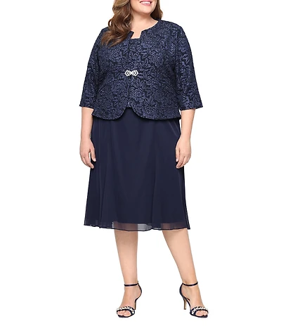 Alex Evenings Plus Size Stretch Textured Jacquard 3/4 Sleeve Mock Jacket Dress