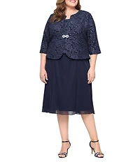 Alex Evenings Plus Size Stretch Textured Jacquard 3/4 Sleeve Mock Jacket Dress
