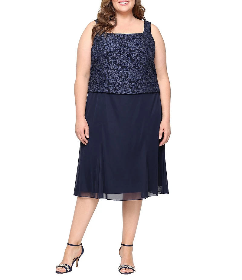 Alex Evenings Plus Size Stretch Textured Jacquard 3/4 Sleeve Mock Jacket Dress