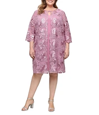 Alex Evenings Plus Size Stretch Tulle Embroidered Scallop Detail Illusion Sleeve Mock Jacket Dress