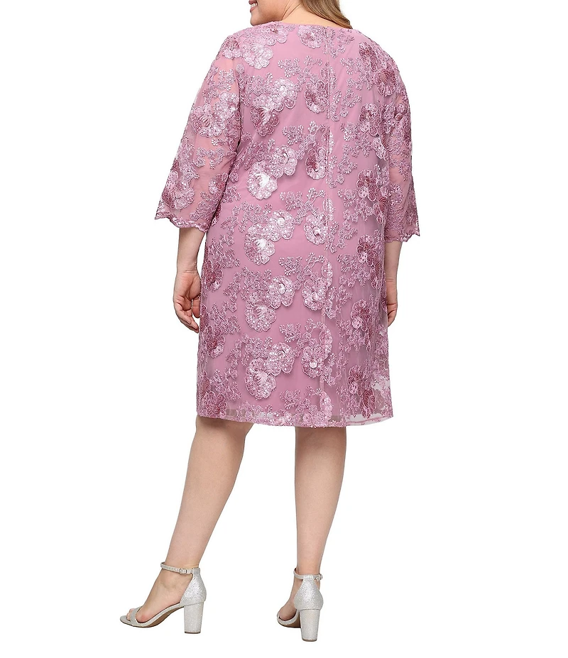 Alex Evenings Plus Size Stretch Tulle Embroidered Scallop Detail Illusion Sleeve Mock Jacket Dress