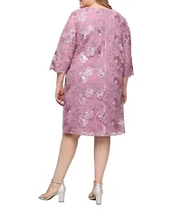 Alex Evenings Plus Size Stretch Tulle Embroidered Scallop Detail Illusion Sleeve Mock Jacket Dress