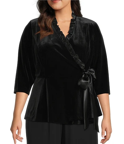 Alex Evenings Plus Size Stretch Velvet Satin Ruffle Neckline 3/4 Sleeve Blouse
