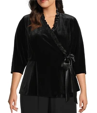 Alex Evenings Plus Size Stretch Velvet Satin Ruffle Neckline 3/4 Sleeve Blouse