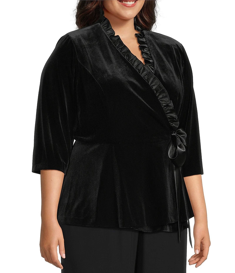 Alex Evenings Plus Size Stretch Velvet Satin Ruffle Neckline 3/4 Sleeve Blouse