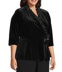 Alex Evenings Plus Size Stretch Velvet Satin Ruffle Neckline 3/4 Sleeve Blouse