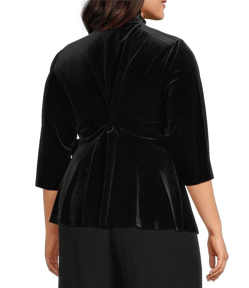 Alex Evenings Plus Size Stretch Velvet Satin Ruffle Neckline 3/4 Sleeve Blouse