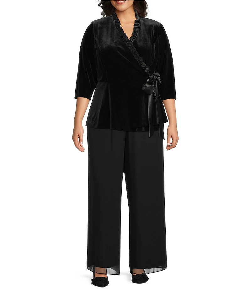 Alex Evenings Plus Size Stretch Velvet Satin Ruffle Neckline 3/4 Sleeve Blouse