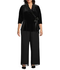 Alex Evenings Plus Size Stretch Velvet Satin Ruffle Neckline 3/4 Sleeve Blouse