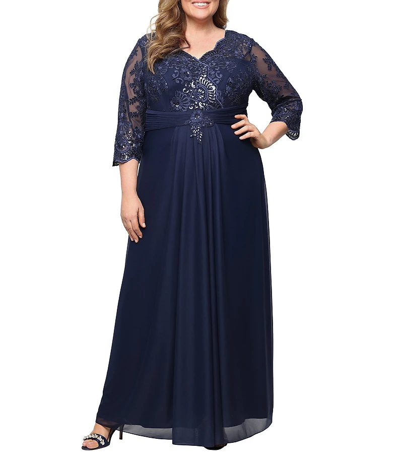 Alex Evenings Plus Size Surplice Neck 3/4 Illusion Sleeve Embroidered Detail Long Dress