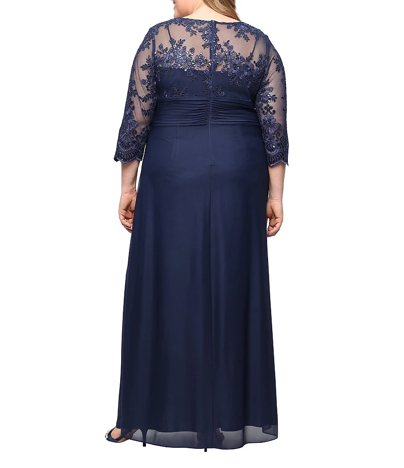 Alex Evenings Plus Size Surplice Neck 3/4 Illusion Sleeve Embroidered Detail Long Dress