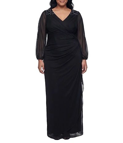 Alex Evenings Plus Size Surplice Neck Heat Set Detail Mesh Empire Waist Long Dress