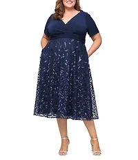 Alex Evenings Plus Size Surplice Neck Ruched Waist Embroidered Tulle Midi Dress