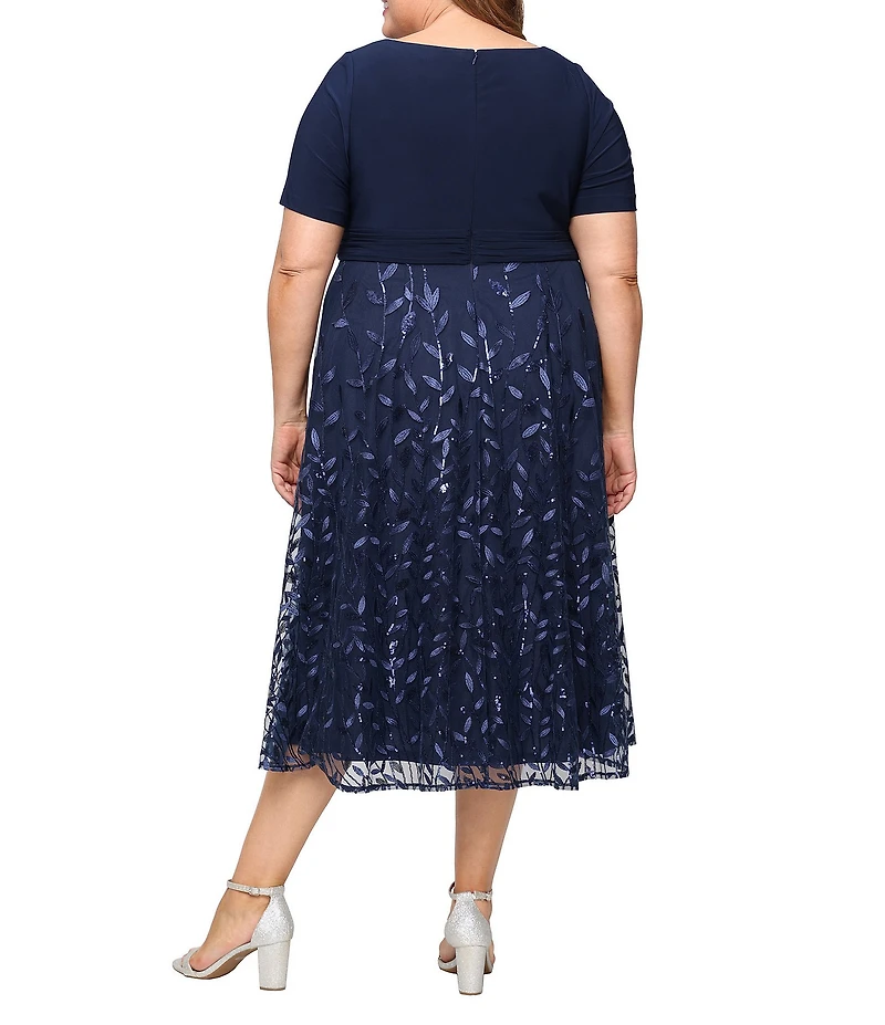 Alex Evenings Plus Size Surplice Neck Ruched Waist Embroidered Tulle Midi Dress