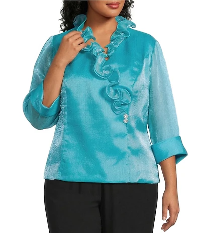Alex Evenings Plus Size Yoryu Chiffon Ruffle V-Neck Illusion 3/4 Sleeve Blouse