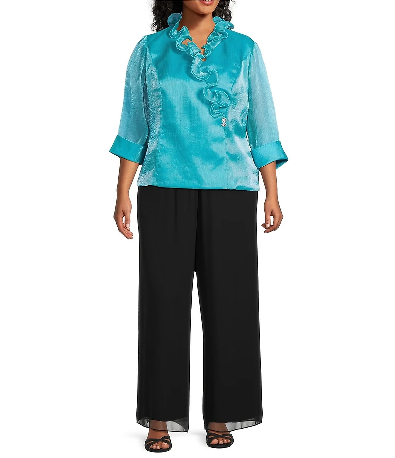 Alex Evenings Plus Size Yoryu Chiffon Ruffle V-Neck Illusion 3/4 Sleeve Blouse