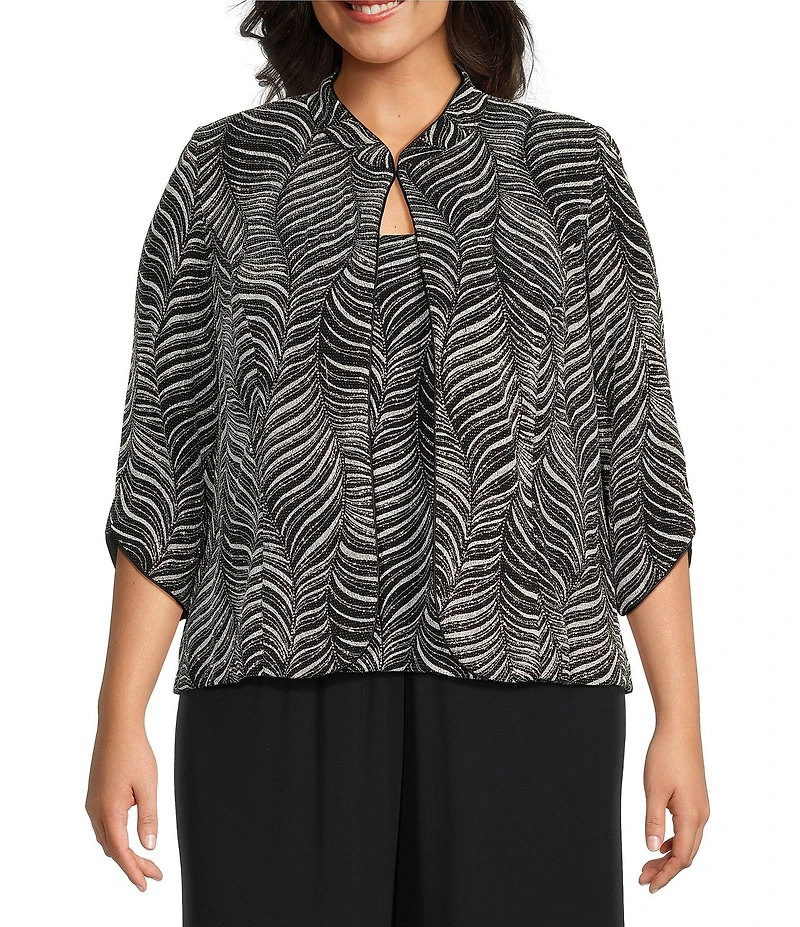 Alex Evenings Plus Size Zebra Metallic Glitter Knit Mandarin Neck 3/4 Sleeve Twin Set