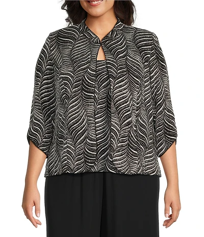 Alex Evenings Plus Size Zebra Metallic Glitter Knit Mandarin Neck 3/4 Sleeve Twin Set