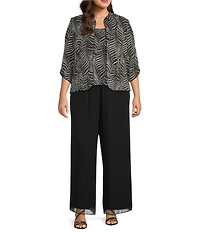 Alex Evenings Plus Size Zebra Metallic Glitter Knit Mandarin Neck 3/4 Sleeve Twin Set