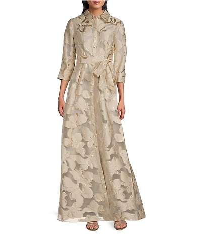 Alex Evenings Point Collar 3/4 Sleeves Long Jacquard Ballgown