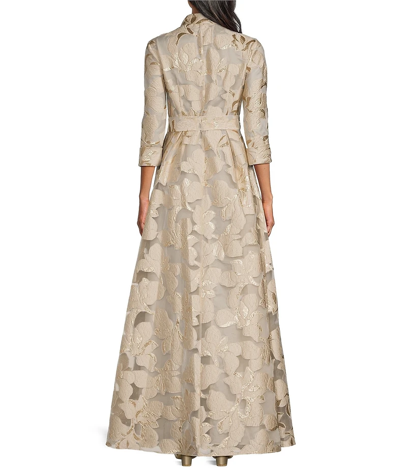 Alex Evenings Point Collar 3/4 Sleeves Long Jacquard Ballgown