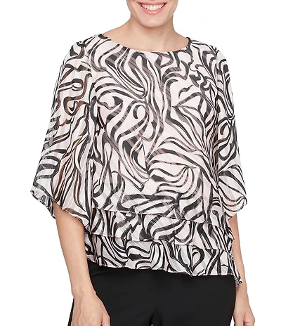 Alex Evenings Printed Boat Neck 3/4 Sleeve Asymmetric Hem Blouse