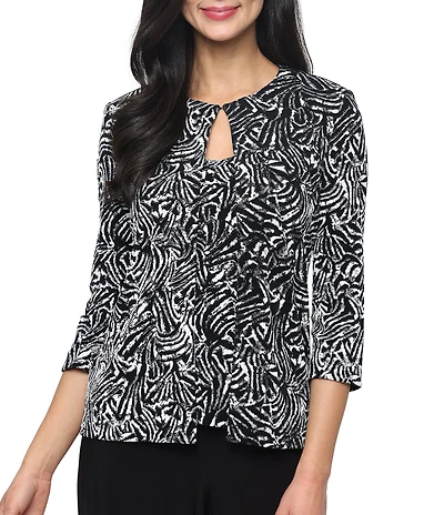 Alex Evenings Printed Glitter 3/4 Sleeve Jacket Scoop Neck Tank Twinset