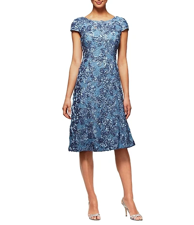Alex Evenings Rosette Lace Cap Sleeve A Line Dress