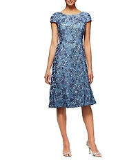 Alex Evenings Rosette Lace Cap Sleeve A Line Dress