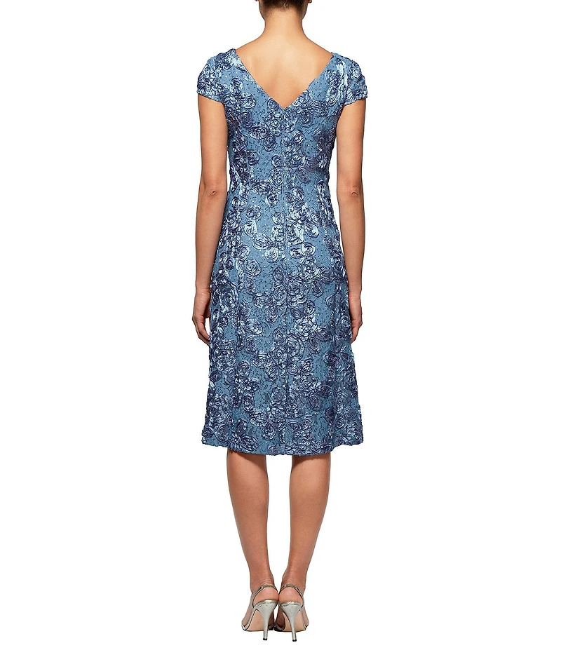 Alex Evenings Rosette Lace Cap Sleeve A Line Dress