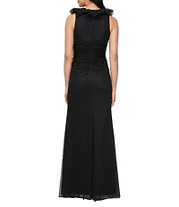 Alex Evenings Ruffled V-Neck Ruffle Sleeveless Ruched Mesh Mermaid Gown