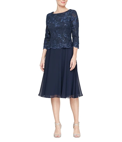 Alex Evenings Scoop Neck 3/4 Sleeve Sequin Lace Bodice A Line Midi Dress