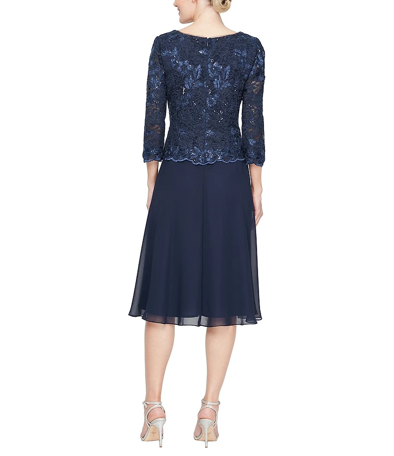 Alex Evenings Scoop Neck 3/4 Sleeve Sequin Lace Bodice A Line Midi Dress