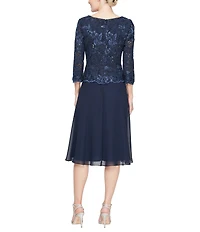 Alex Evenings Scoop Neck 3/4 Sleeve Sequin Lace Bodice A Line Midi Dress