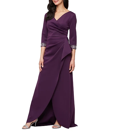 Alex Evenings Scuba Crepe Surplice Neck Embellished 3/4 Sleeve Tulip Overlay Cascade Gown