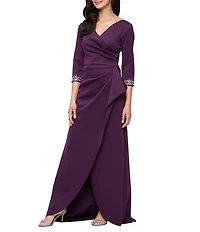 Alex Evenings Scuba Crepe Surplice Neck Embellished 3/4 Sleeve Tulip Overlay Cascade Gown
