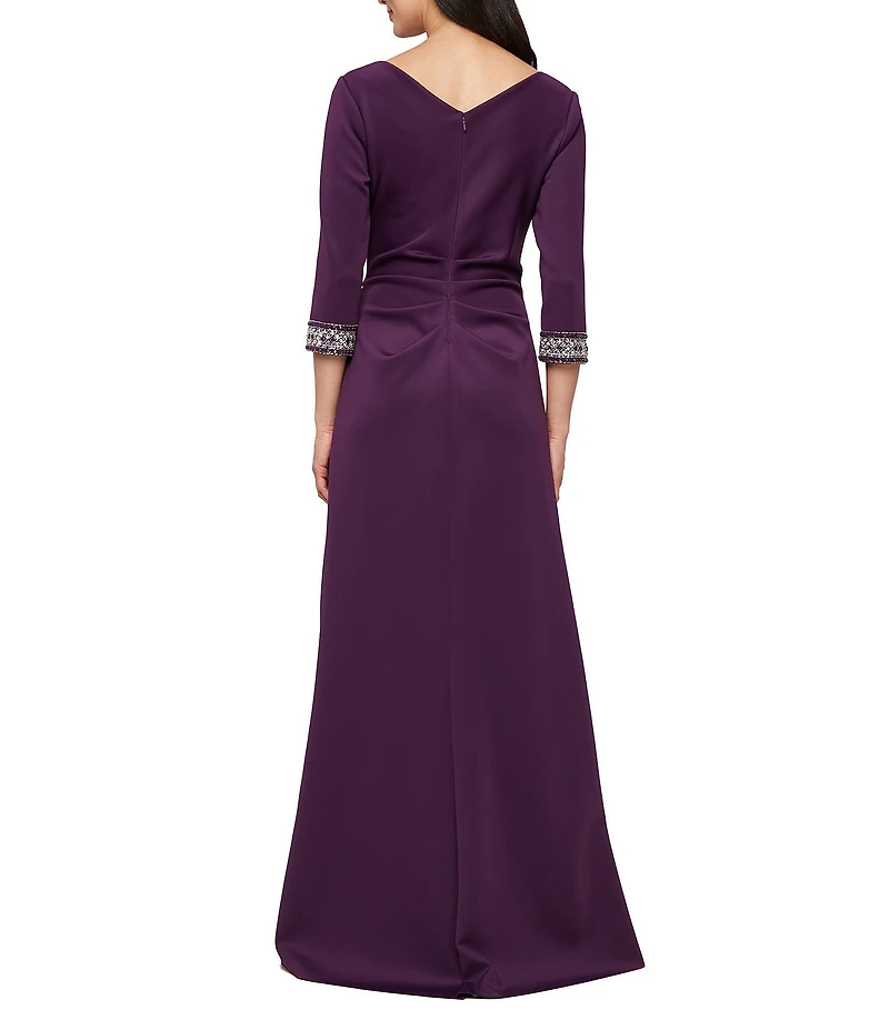 Alex Evenings Scuba Crepe Surplice Neck Embellished 3/4 Sleeve Tulip Overlay Cascade Gown