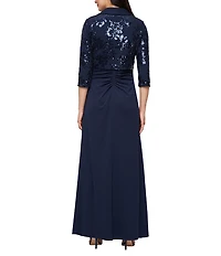 Alex Evenings Sequin Collared 3/4 Sleeve Jacket Scuba Crepe Front Slit Gown